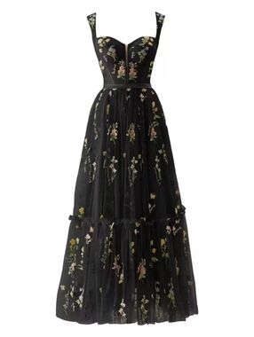 NWT Retro Stage Lace Up Black Floral Boned Mesh Dress Maxi Formal Medium